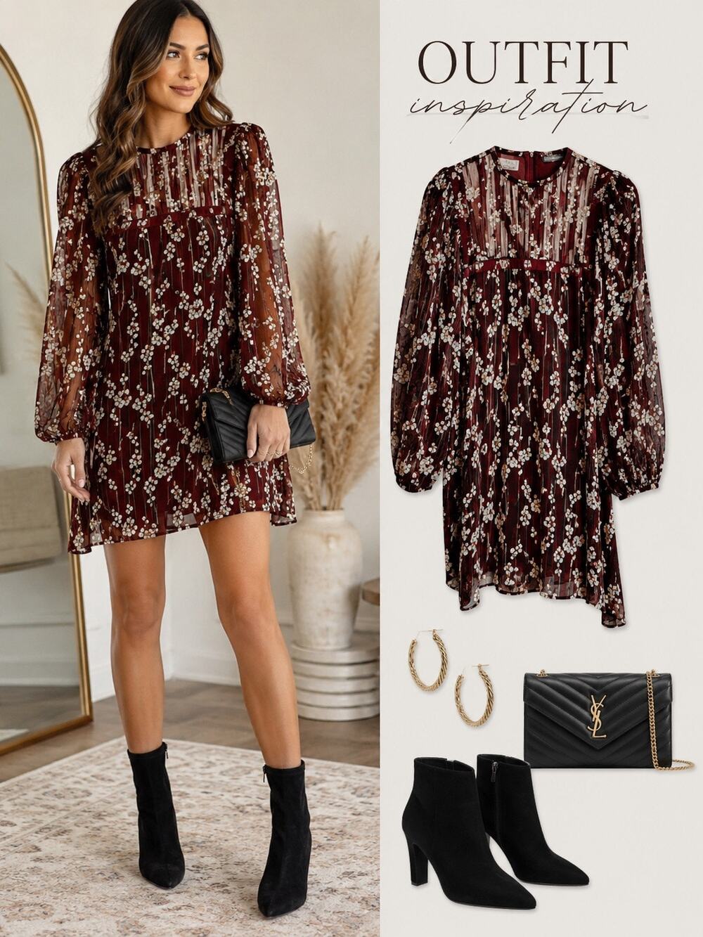 GIAMBA Burgundy Floral Silk Long Sleeve Mini Dress